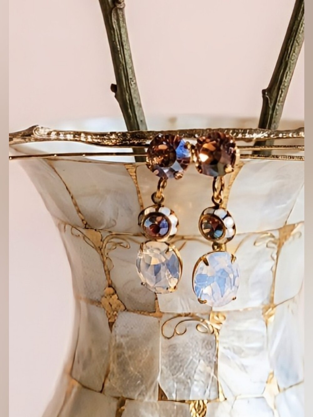 Rose Pink Opal And Swarovski Crystal Flower Drop Down Earrings